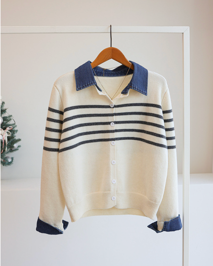 [66까지][푸랑츠]스트라이프 배색 데님 카라 셔츠 레이어드 니트 가디건 |Denim-Collar Layered Knit Cardigan