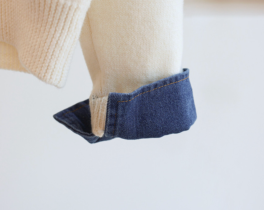 [66까지][푸랑츠]스트라이프 배색 데님 카라 셔츠 레이어드 니트 가디건 |Denim-Collar Layered Knit Cardigan