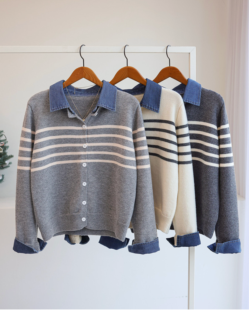 [66까지][푸랑츠]스트라이프 배색 데님 카라 셔츠 레이어드 니트 가디건 |Denim-Collar Layered Knit Cardigan