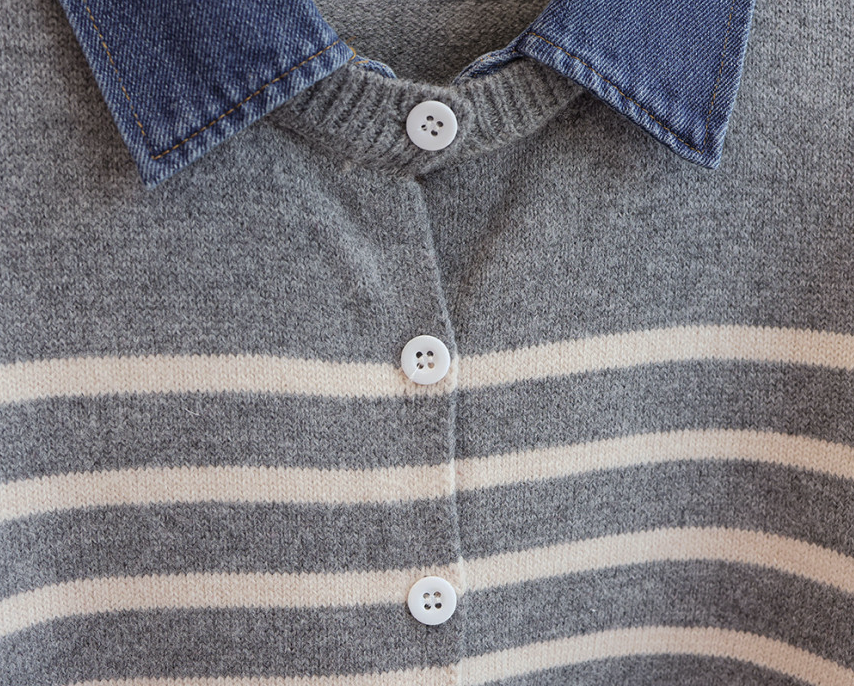[66까지][푸랑츠]스트라이프 배색 데님 카라 셔츠 레이어드 니트 가디건 |Denim-Collar Layered Knit Cardigan