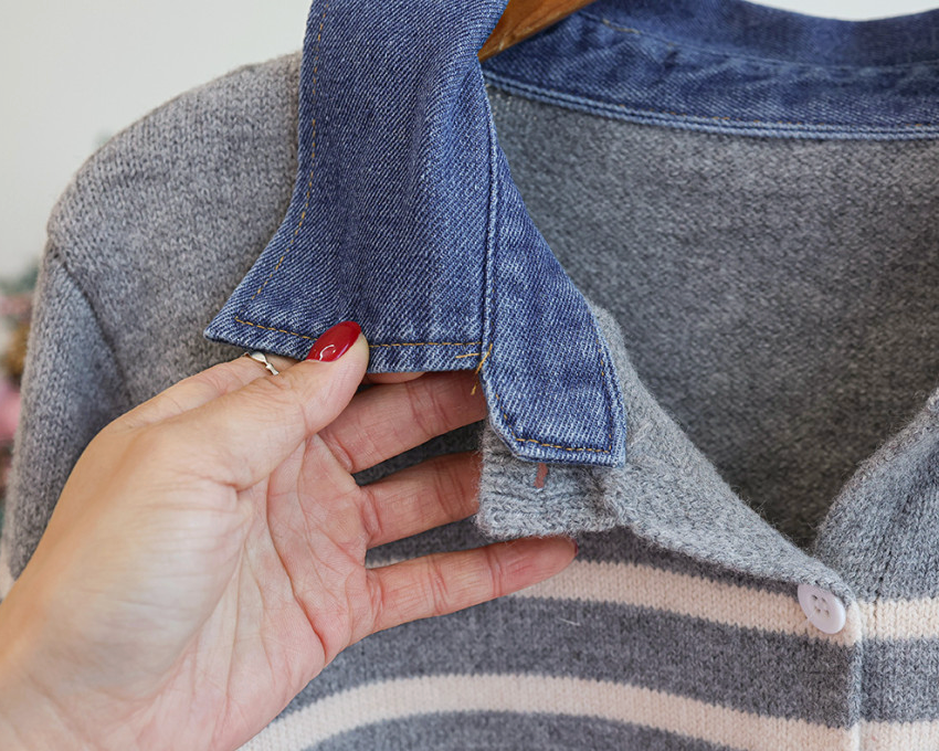 [66까지][푸랑츠]스트라이프 배색 데님 카라 셔츠 레이어드 니트 가디건 |Denim-Collar Layered Knit Cardigan