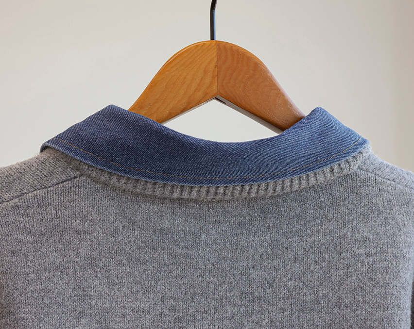 [66까지][푸랑츠]스트라이프 배색 데님 카라 셔츠 레이어드 니트 가디건 |Denim-Collar Layered Knit Cardigan