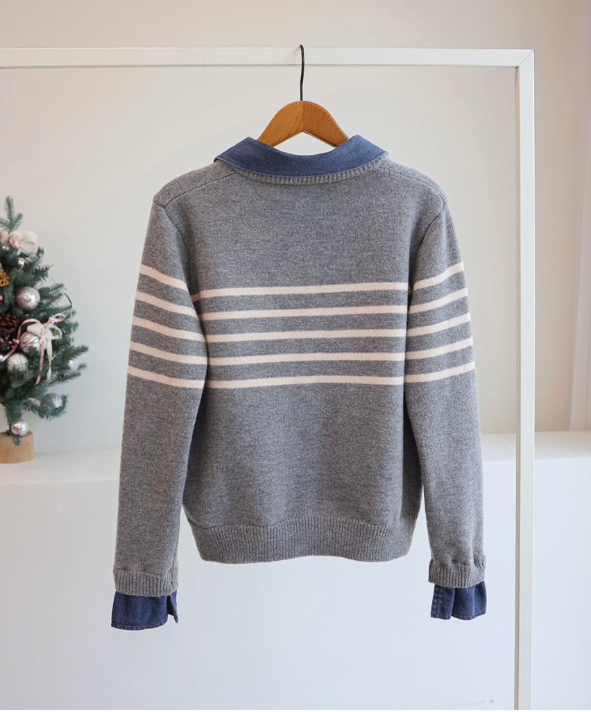 [66까지][푸랑츠]스트라이프 배색 데님 카라 셔츠 레이어드 니트 가디건 |Denim-Collar Layered Knit Cardigan