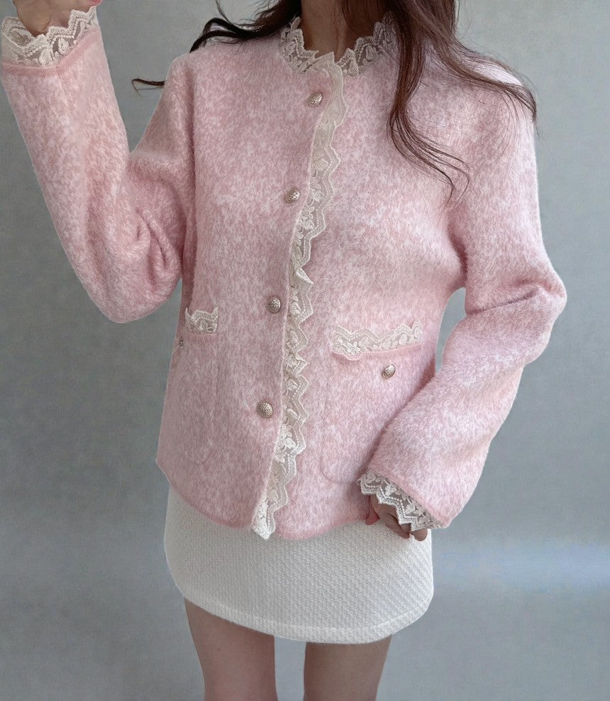 브롱 레이스 금장단추 보카시 앙고라 니트 가디건 Brushed Angora Lace Trim Knit Cardigan
