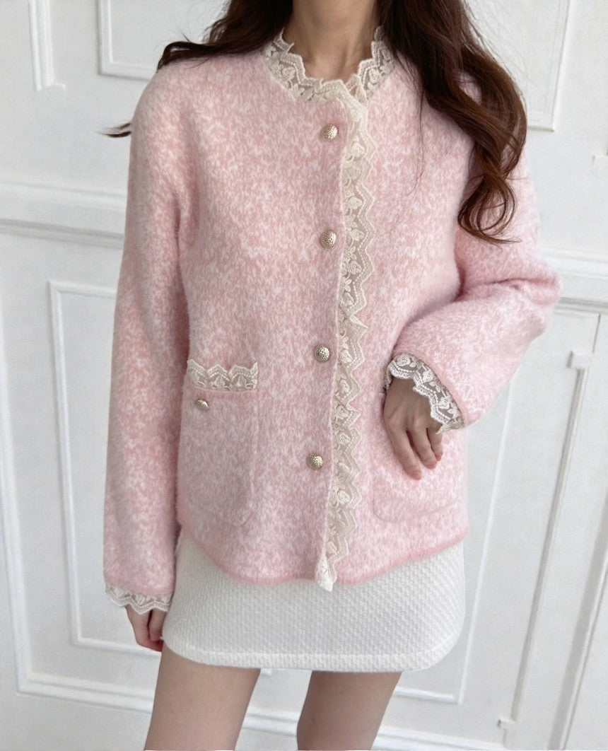 브롱 레이스 금장단추 보카시 앙고라 니트 가디건 Brushed Angora Lace Trim Knit Cardigan