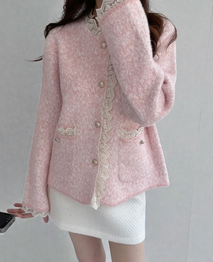 브롱 레이스 금장단추 보카시 앙고라 니트 가디건 Brushed Angora Lace Trim Knit Cardigan