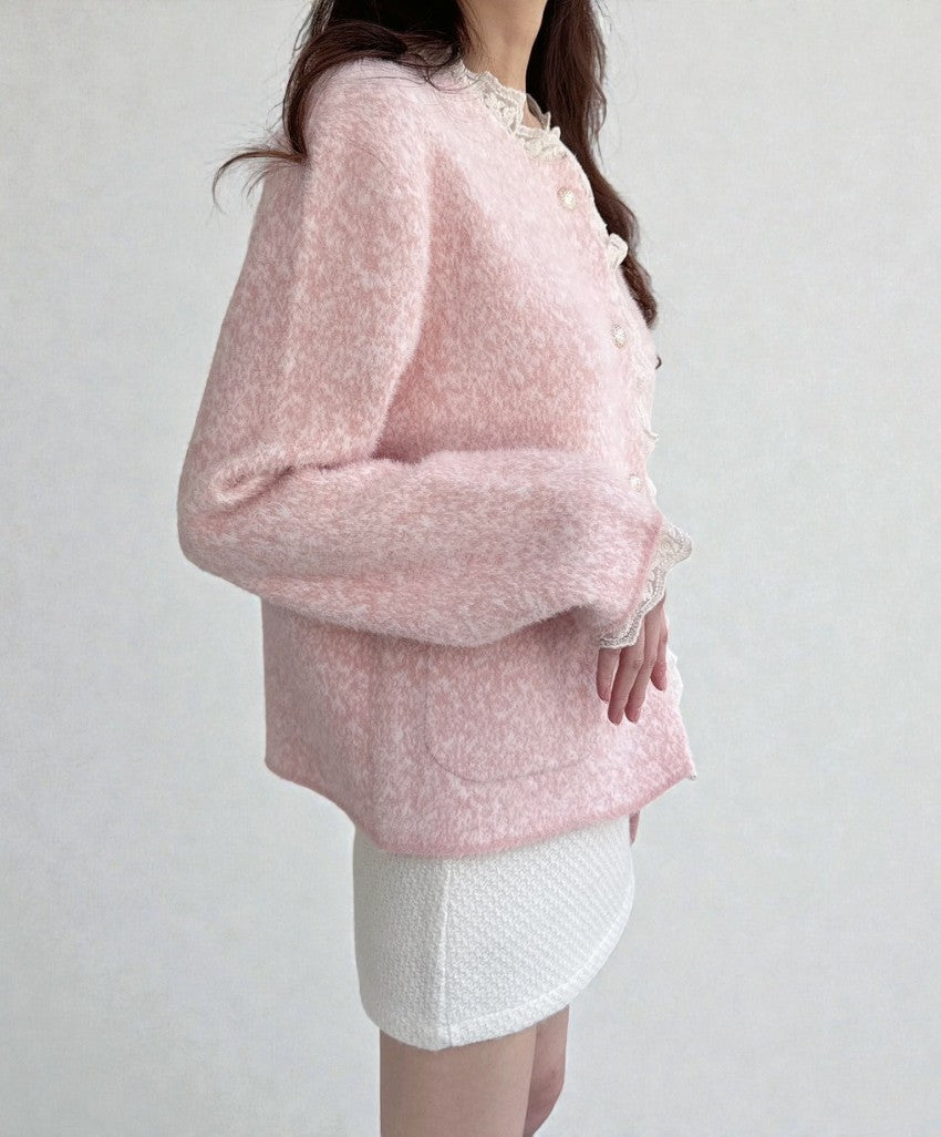 브롱 레이스 금장단추 보카시 앙고라 니트 가디건 Brushed Angora Lace Trim Knit Cardigan