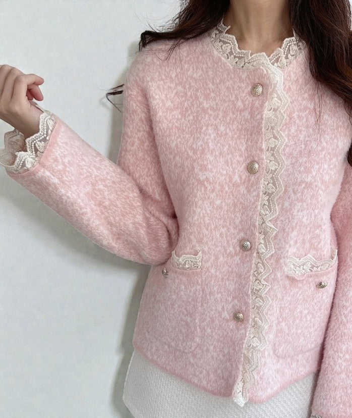 브롱 레이스 금장단추 보카시 앙고라 니트 가디건 Brushed Angora Lace Trim Knit Cardigan