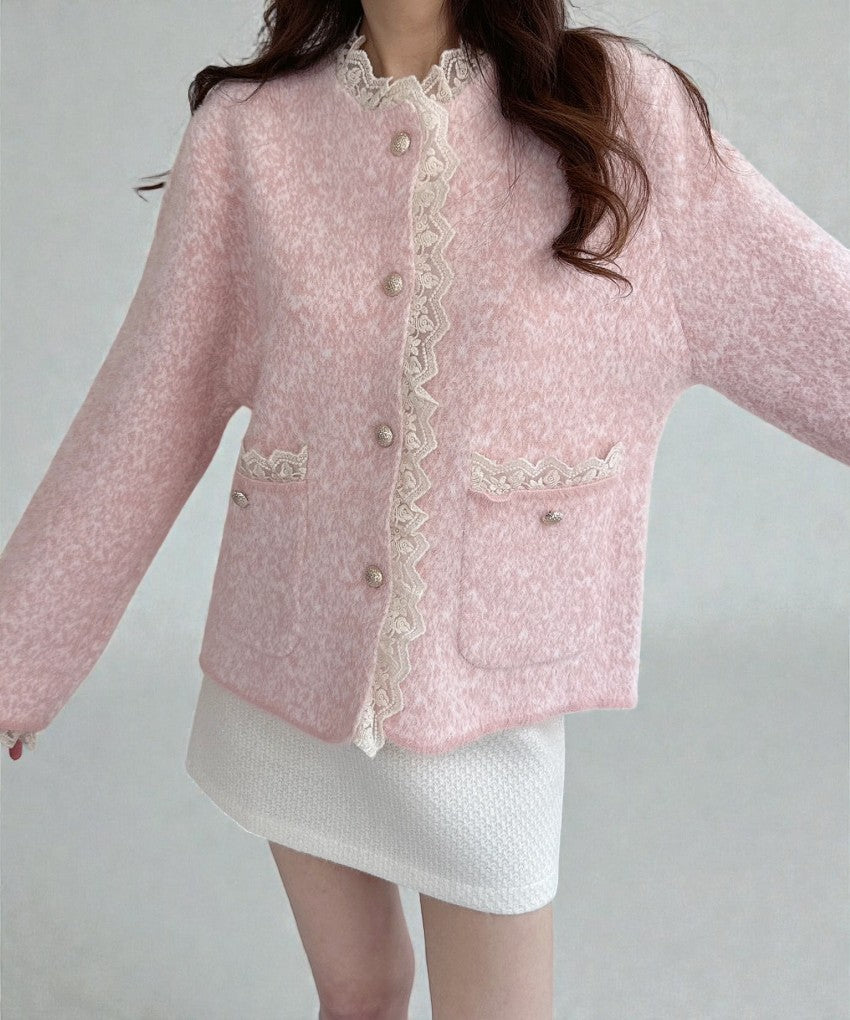 브롱 레이스 금장단추 보카시 앙고라 니트 가디건 Brushed Angora Lace Trim Knit Cardigan