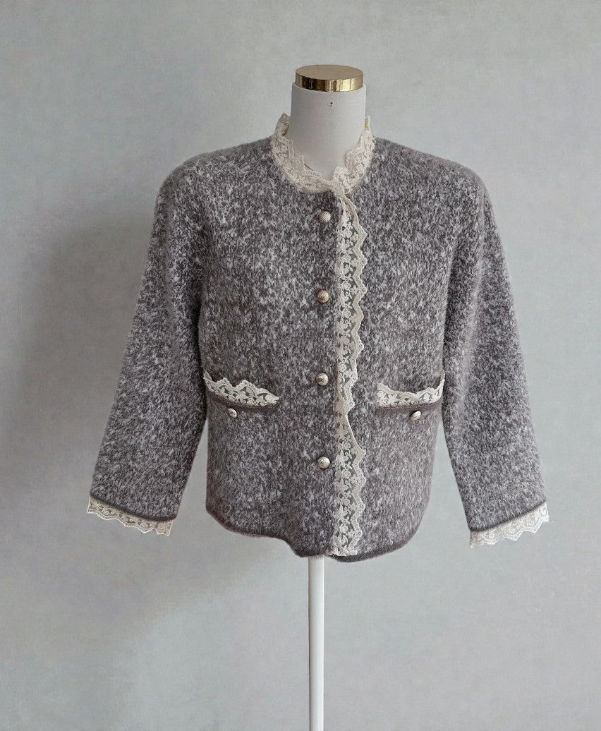 브롱 레이스 금장단추 보카시 앙고라 니트 가디건 Brushed Angora Lace Trim Knit Cardigan