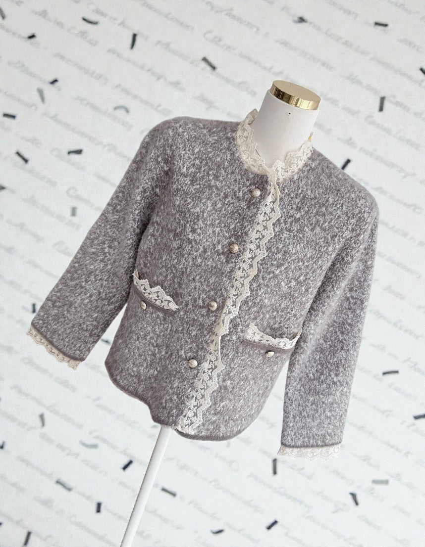 브롱 레이스 금장단추 보카시 앙고라 니트 가디건 Brushed Angora Lace Trim Knit Cardigan