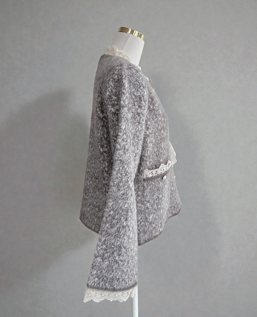브롱 레이스 금장단추 보카시 앙고라 니트 가디건 Brushed Angora Lace Trim Knit Cardigan