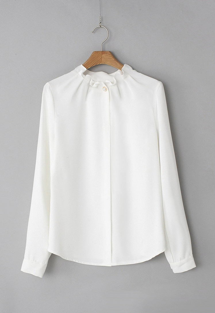 [66까지][메이드101]프릴넥 셔링 진주 블라우스 · Pearl Shirring Frill Neck Blouse