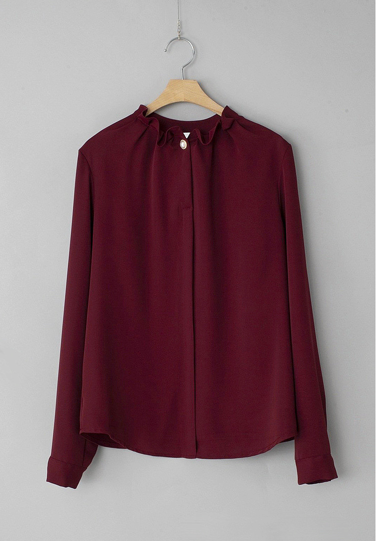 [66까지][메이드101]프릴넥 셔링 진주 블라우스 · Pearl Shirring Frill Neck Blouse
