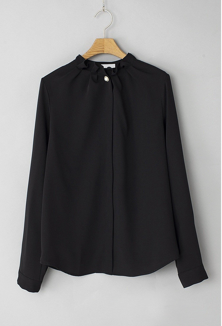 [66까지][메이드101]프릴넥 셔링 진주 블라우스 · Pearl Shirring Frill Neck Blouse