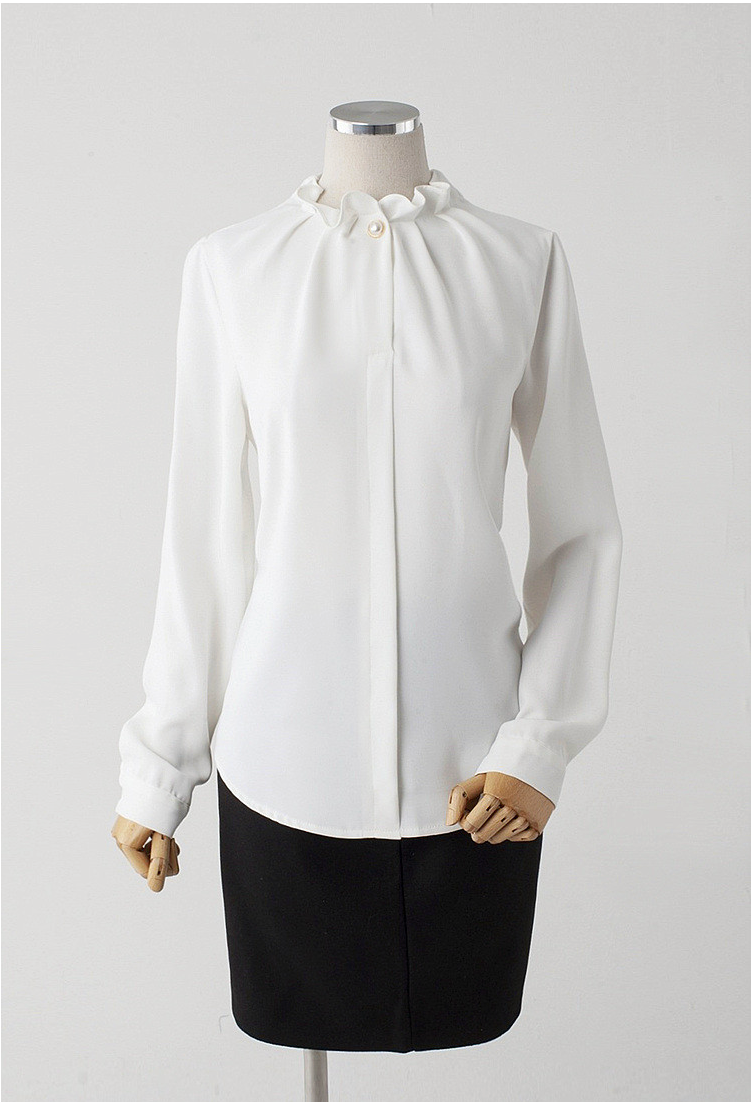 [66까지][메이드101]프릴넥 셔링 진주 블라우스 · Pearl Shirring Frill Neck Blouse