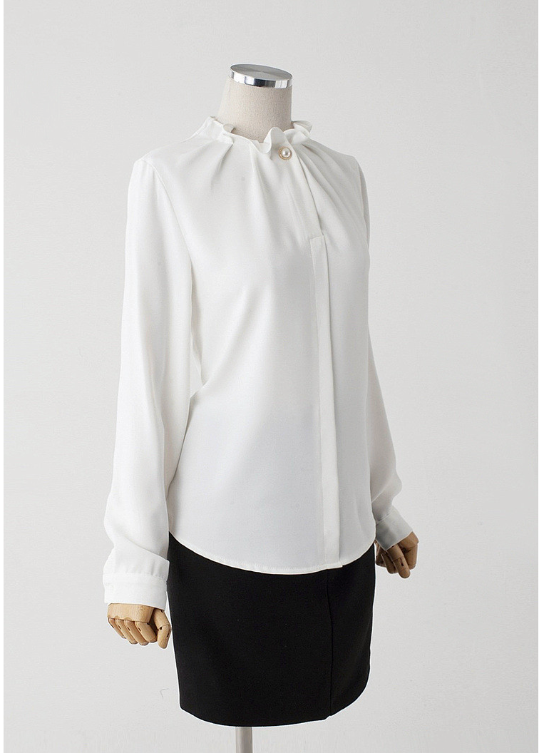 [66까지][메이드101]프릴넥 셔링 진주 블라우스 · Pearl Shirring Frill Neck Blouse