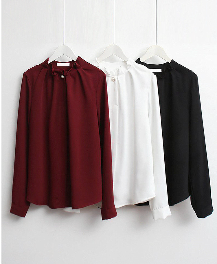 [66까지][메이드101]프릴넥 셔링 진주 블라우스 · Pearl Shirring Frill Neck Blouse