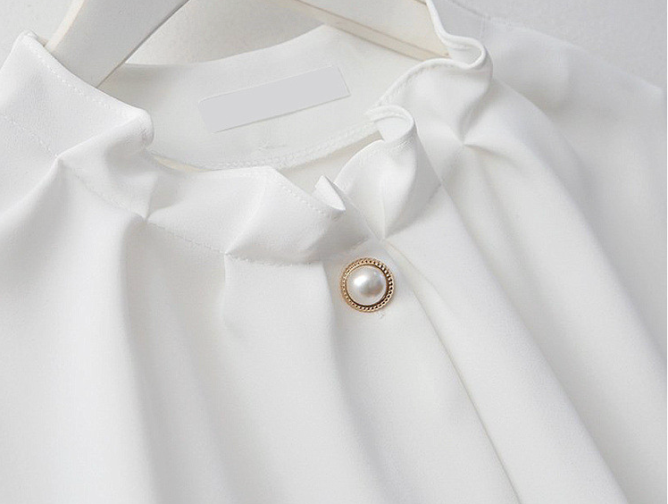 [66까지][메이드101]프릴넥 셔링 진주 블라우스 · Pearl Shirring Frill Neck Blouse