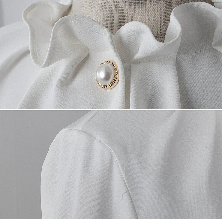 [66까지][메이드101]프릴넥 셔링 진주 블라우스 · Pearl Shirring Frill Neck Blouse