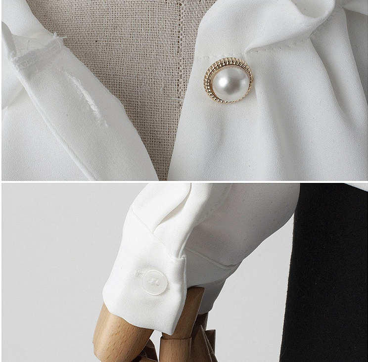 [66까지][메이드101]프릴넥 셔링 진주 블라우스 · Pearl Shirring Frill Neck Blouse