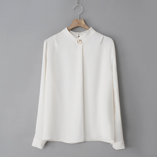 [66까지][메이드101]골드 진주 브로치 하이넥 정장 블라우스 Gold Pearl Brooch High-Neck Blouse