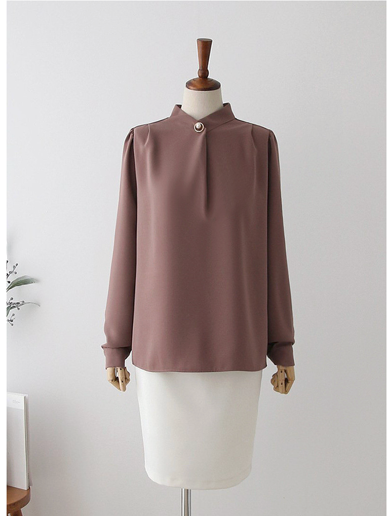 [66까지][메이드101]골드 진주 브로치 하이넥 정장 블라우스 Gold Pearl Brooch High-Neck Blouse