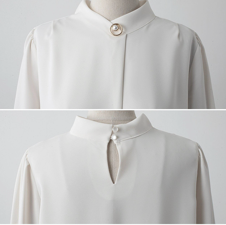 [66까지][메이드101]골드 진주 브로치 하이넥 정장 블라우스 Gold Pearl Brooch High-Neck Blouse