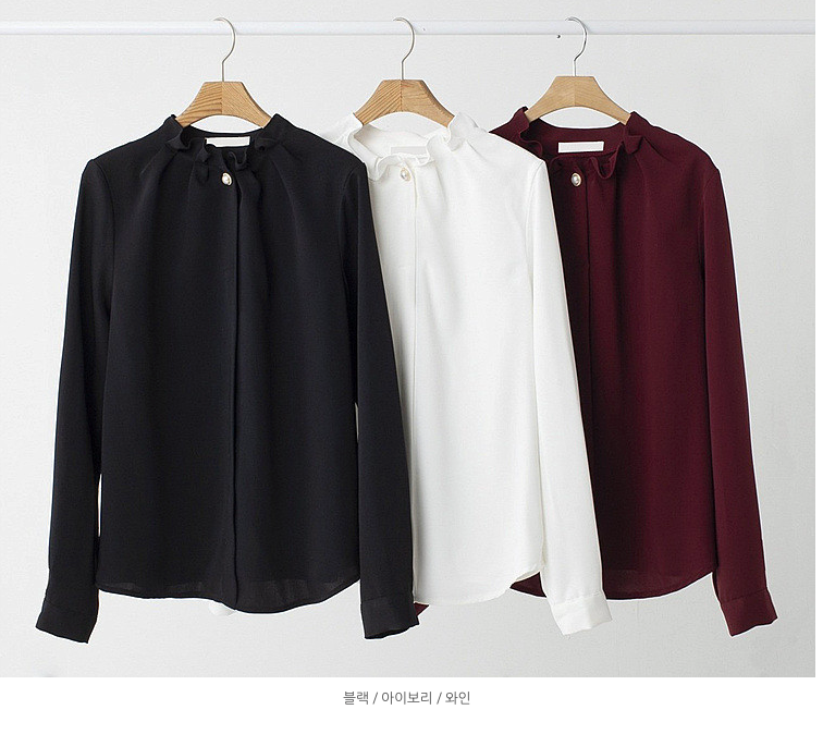 [66까지][메이드101]프릴넥 셔링 진주 블라우스 · Pearl Shirring Frill Neck Blouse