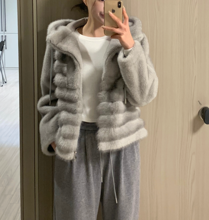 [77까지][밍크같은]25FW 후드 밍크 숏 코트 자켓 / 25FW Hooded Faux Mink Short Coat Jacket