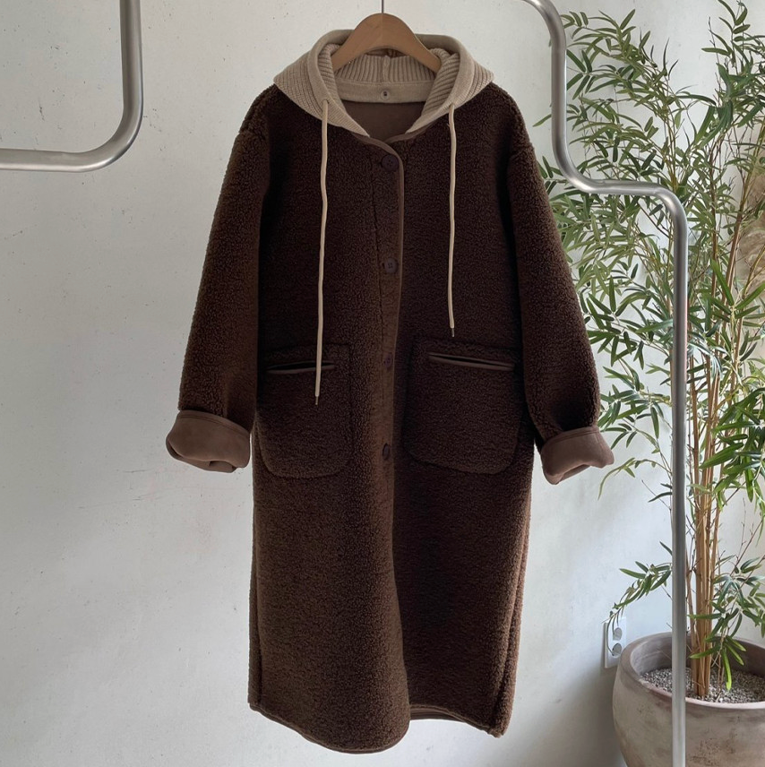 [88까지][숏&롱][시그니처] 초겨울 뽀글이 후드 롱코트 Eco-Fur Bouclé Hooded Long Coat