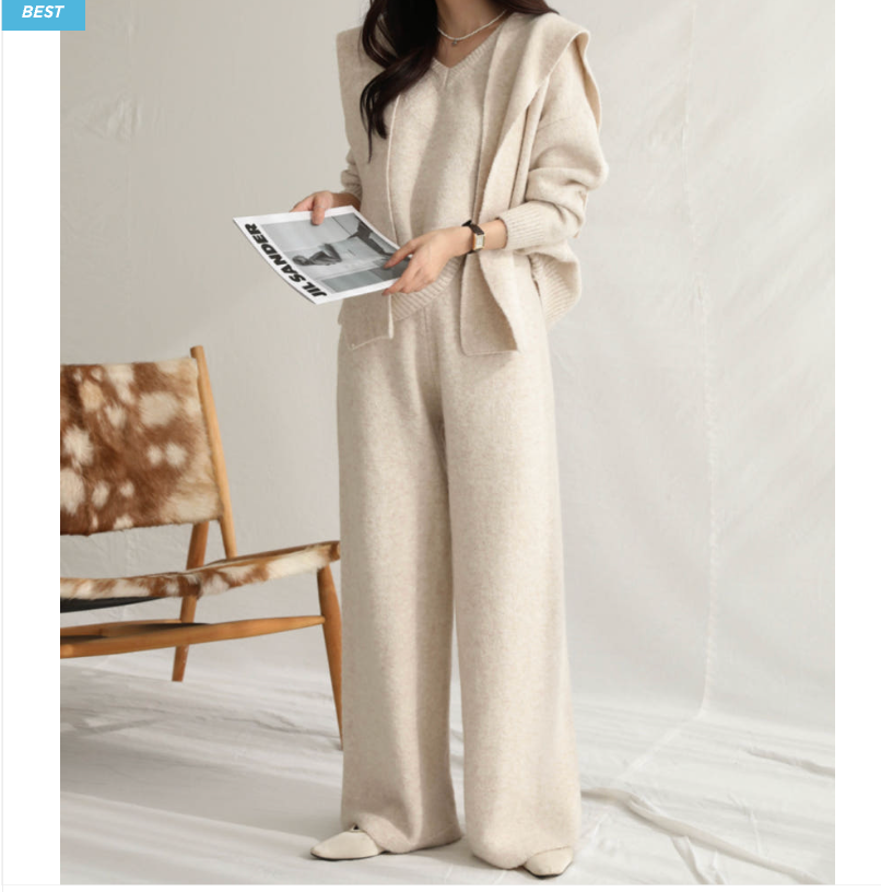 [루즈핏][유행니트셋업] 숄 포근 울혼방 니트 3피스 셋업 (FREE 55–77) /Cozy Wool-Blend 3-Piece Knit Set (One Size 55–77)