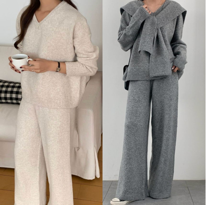 [루즈핏][유행니트셋업] 숄 포근 울혼방 니트 3피스 셋업 (FREE 55–77) /Cozy Wool-Blend 3-Piece Knit Set (One Size 55–77)