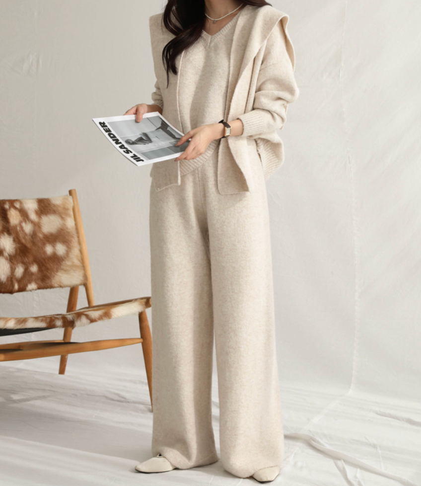[루즈핏][유행니트셋업] 숄 포근 울혼방 니트 3피스 셋업 (FREE 55–77) /Cozy Wool-Blend 3-Piece Knit Set (One Size 55–77)
