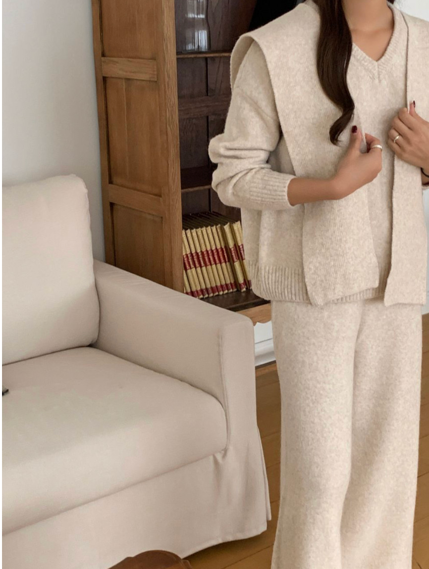 [루즈핏][유행니트셋업] 숄 포근 울혼방 니트 3피스 셋업 (FREE 55–77) /Cozy Wool-Blend 3-Piece Knit Set (One Size 55–77)