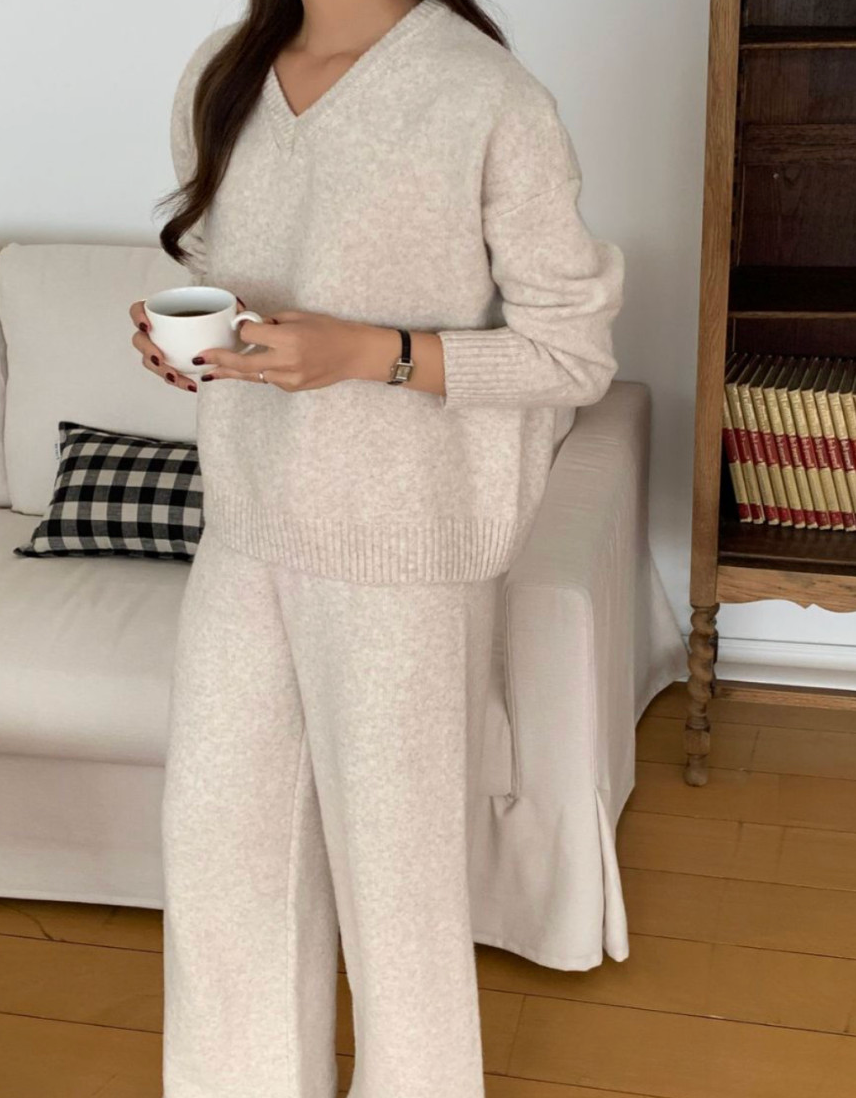 [루즈핏][유행니트셋업] 숄 포근 울혼방 니트 3피스 셋업 (FREE 55–77) /Cozy Wool-Blend 3-Piece Knit Set (One Size 55–77)
