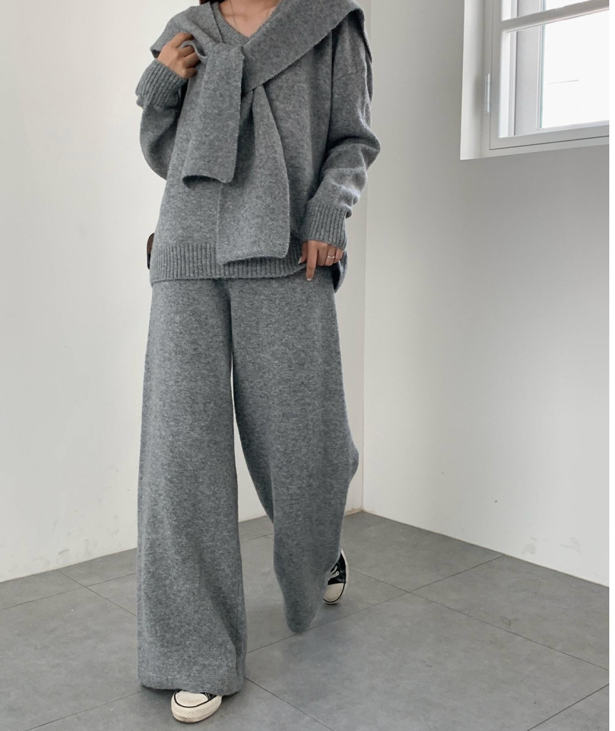 [루즈핏][유행니트셋업] 숄 포근 울혼방 니트 3피스 셋업 (FREE 55–77) /Cozy Wool-Blend 3-Piece Knit Set (One Size 55–77)