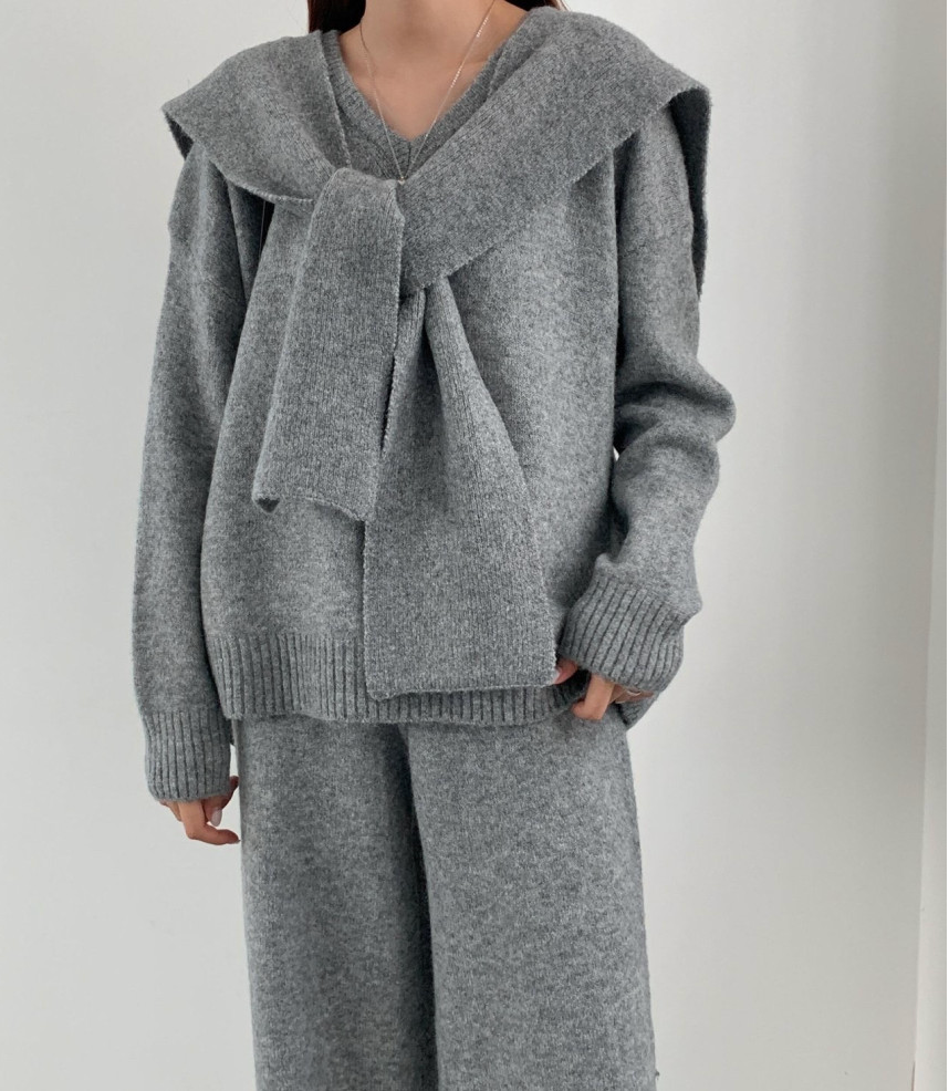 [루즈핏][유행니트셋업] 숄 포근 울혼방 니트 3피스 셋업 (FREE 55–77) /Cozy Wool-Blend 3-Piece Knit Set (One Size 55–77)