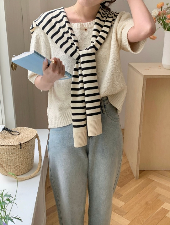 [어부바 페이크 가디건]단가라 어깨 니트 숄 Striped Shoulder Knit Shawl