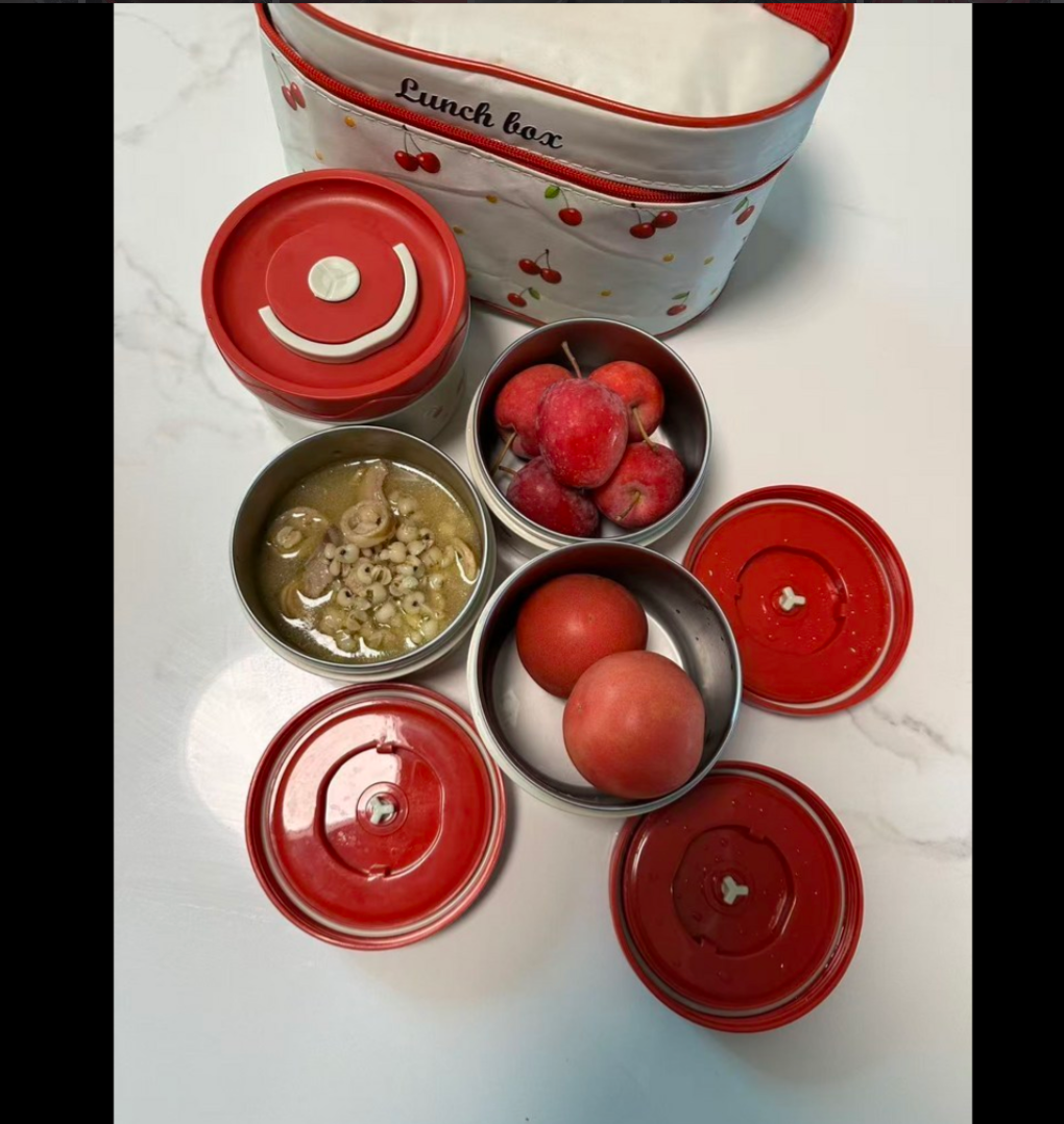 [보온도시락통]Maiesun 304 스테인리스 보온도시락 세트 2/3/4단 보냉백 포함 체리패턴  | Maiesun 304 Stainless Insulated Lunch Box Set (Red)