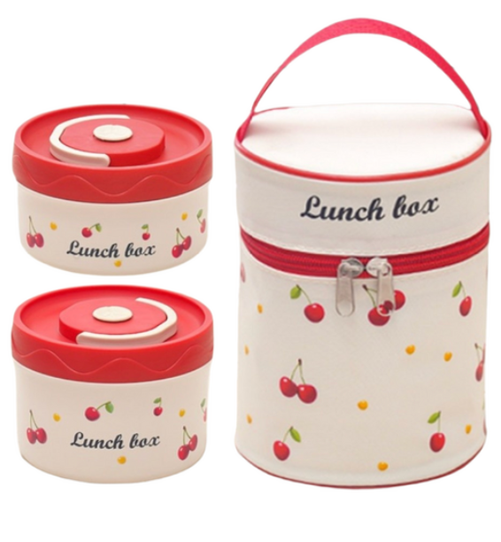 [보온도시락통]Maiesun 304 스테인리스 보온도시락 세트 2/3/4단 보냉백 포함 체리패턴  | Maiesun 304 Stainless Insulated Lunch Box Set (Red)