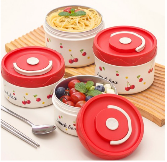 [보온도시락통]Maiesun 304 스테인리스 보온도시락 세트 2/3/4단 보냉백 포함 체리패턴  | Maiesun 304 Stainless Insulated Lunch Box Set (Red)