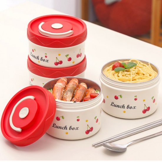 [보온도시락통]Maiesun 304 스테인리스 보온도시락 세트 2/3/4단 보냉백 포함 체리패턴  | Maiesun 304 Stainless Insulated Lunch Box Set (Red)