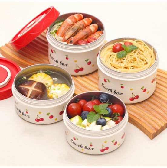 [보온도시락통]Maiesun 304 스테인리스 보온도시락 세트 2/3/4단 보냉백 포함 체리패턴  | Maiesun 304 Stainless Insulated Lunch Box Set (Red)