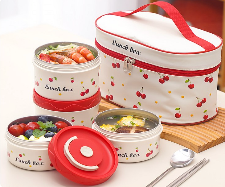 [보온도시락통]Maiesun 304 스테인리스 보온도시락 세트 2/3/4단 보냉백 포함 체리패턴  | Maiesun 304 Stainless Insulated Lunch Box Set (Red)
