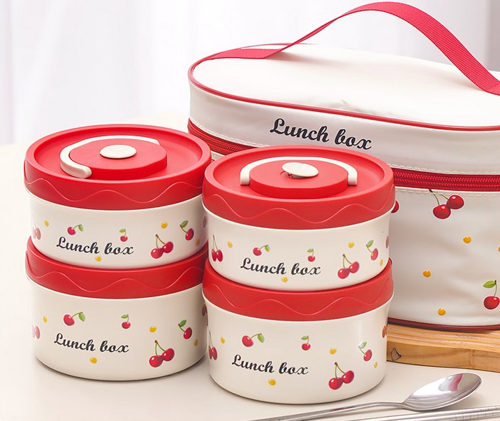 [보온도시락통]Maiesun 304 스테인리스 보온도시락 세트 2/3/4단 보냉백 포함 체리패턴  | Maiesun 304 Stainless Insulated Lunch Box Set (Red)