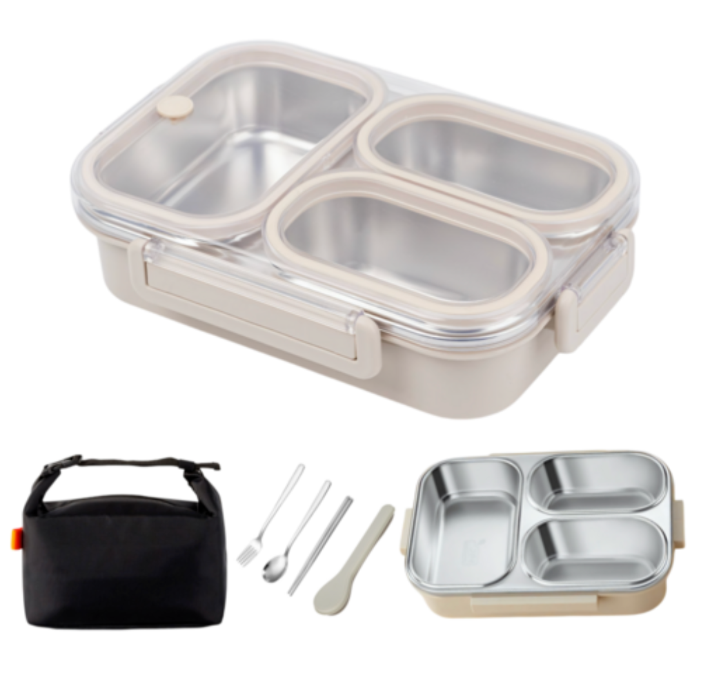 [도시락세트]에트레 3칸 직장인 밀폐 스텐 식판 도시락 세트 / Etre 3-Compartment Stainless Lunch Box Set