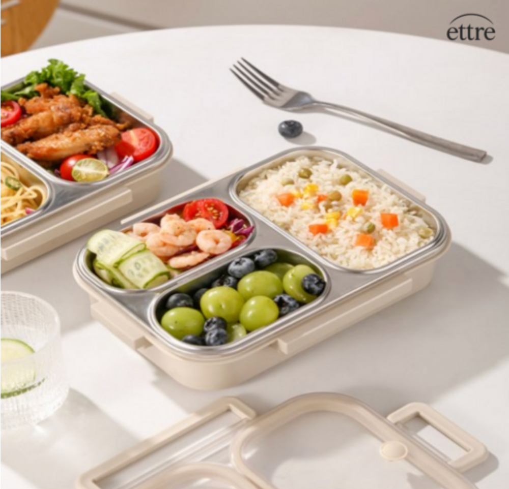 [도시락세트]에트레 3칸 직장인 밀폐 스텐 식판 도시락 세트 / Etre 3-Compartment Stainless Lunch Box Set