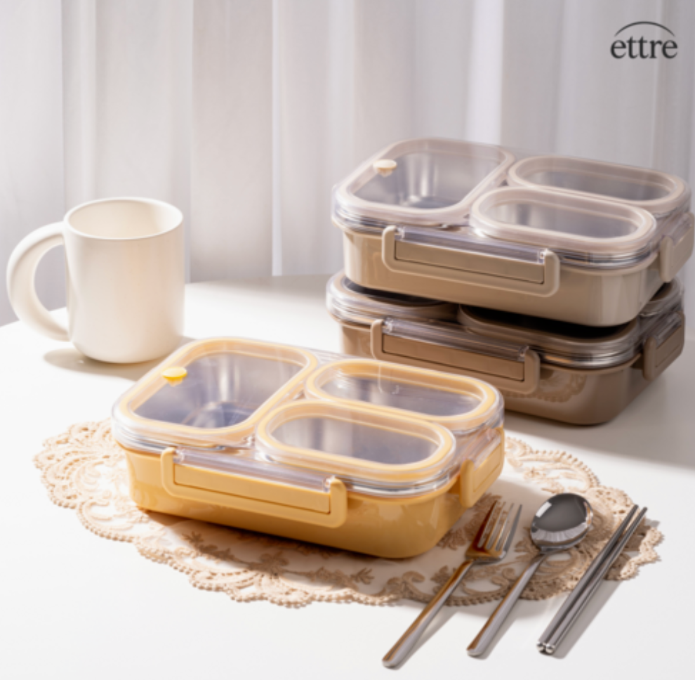 [도시락세트]에트레 3칸 직장인 밀폐 스텐 식판 도시락 세트 / Etre 3-Compartment Stainless Lunch Box Set