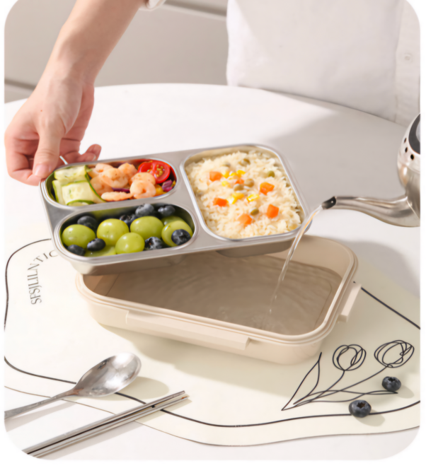[도시락세트]에트레 3칸 직장인 밀폐 스텐 식판 도시락 세트 / Etre 3-Compartment Stainless Lunch Box Set